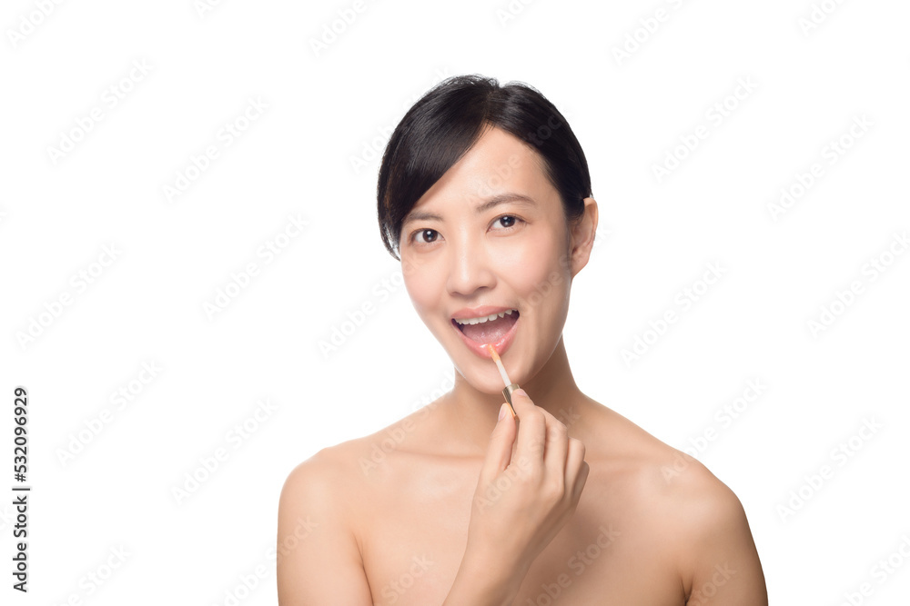 Beautiful portrait young asian woman looking mirror applying makeup lipstick at room, beauty lips asia girl makeup and cosmetic fashion, lifestyle and health care concept, banner website. Beautiful portrait young asian woman looking mirror applying makeup lipstick at room, beauty lips asia girl makeup and cosmetic fashion, lifestyle and health care concept, banner website.