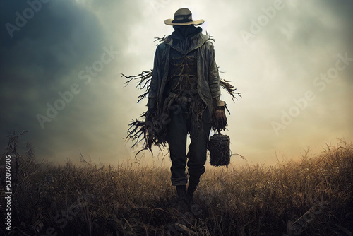 Scary scarecrow character design in farm.3D illustration Fototapet