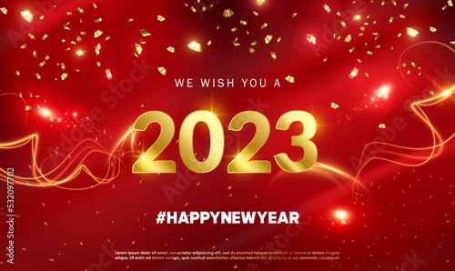 Happy new year 2023 with golden numbers and festive confetti on red background. Shiny party background. New year ornament. Festive premium template for holiday. Greeting Card, Banner, Poster. Vector