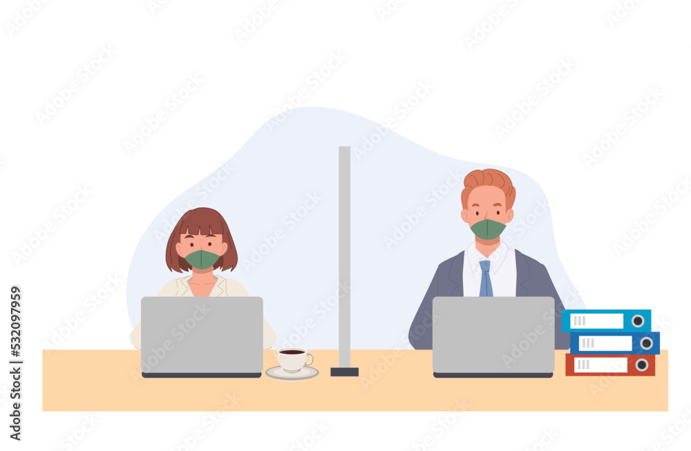 Businesspeople works through an acrylic board. New normal concept. social distance . vector illustration