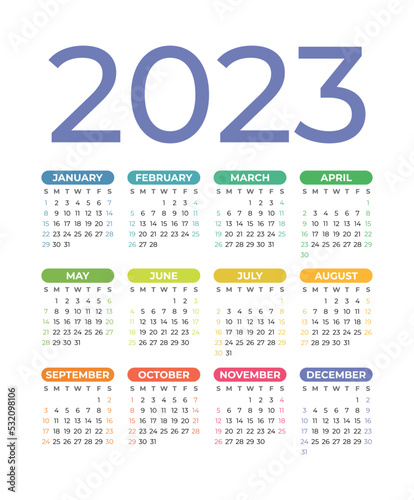 Calendar 2023 year. Vector calender design. Week starts on Sunday. January, February, March, April, May, June, July, August, September, October, November, December