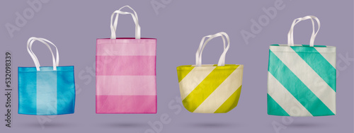 Realistic set of colorful fabric bag mockups isolated on grey background. Vector illustration of rainbow striped totebags with handle made of organic cotton. Reusable eco shopping accessory collection