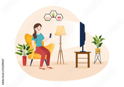 TV Channel Template Hand Drawn Cartoon Flat Illustration Home Entertainment for Watching Movie, Action Film or Breaking News in Television