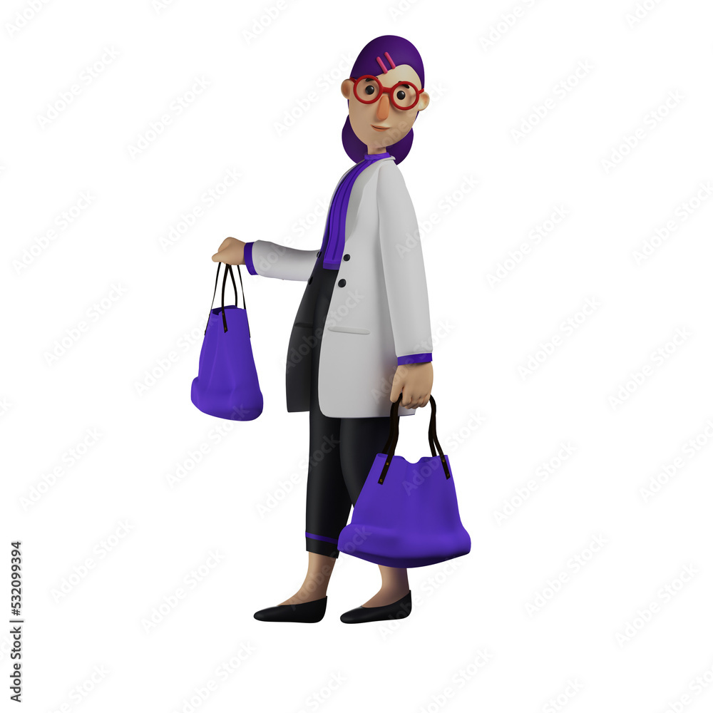 3D illustration. 3D Cartoon Female Doctor carrying two blue bags. wearing cute red glasses. walked in saying hello. 3D Cartoon Character