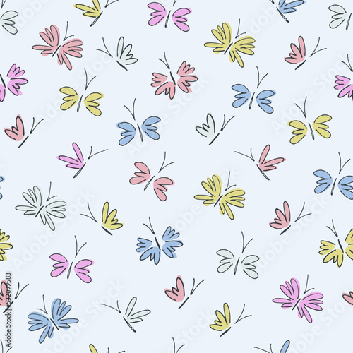 Seamless pattern with fantasy moths, butterflies in cartoon style. Happy summer illustration. Wallpaper, textile, backgound for kids