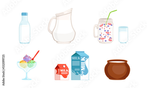 Set dairy products. Smoothie, ice cream, sour cream, milk natural farm products flat vector illustration