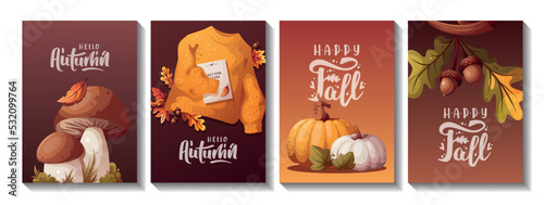 Autumn cards with pumpkins,  autumn leaves, acorns, mushrooms, warm sweater. Autumn, harvest, thanksgiving day, fall concept. Vector illustration. Cards, postcards, posters.