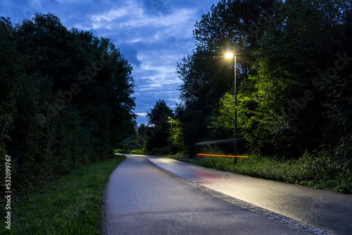 bicycle road made of asphalt early in the morning in the middle of forrest with light from a lantern and bicycle rider blurred by long exposure
