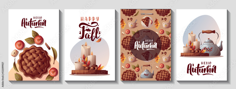 Autumn cards with apple pie, kettle, candles, autumn leaves. Autumn, harvest, thanksgiving day, fall concept. Vector illustration. Cards, postcards, posters.