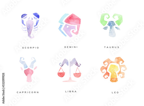Set of n watercolor zodiac signs. Scorpio, Gemini, Taurus, Capricorn, Libra, Leo, Horoscope signs hand drawn vector illustration