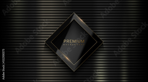 Black shiny metal horizontal straight line background with vector rhombus glossy luxury black and golden edge line logo frame. Dark enamel texture, textured pattern background