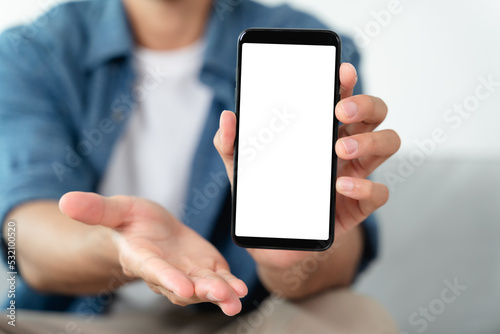 Man hand holding blank empty white screen smart phone.