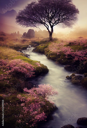 Ein perfekter Fluss in einem bunten Feld von Wildblumen mit Bergen im Hintergrund
