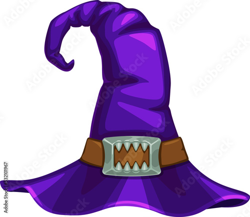 Cartoon witch hat, violet vector magician headwear
