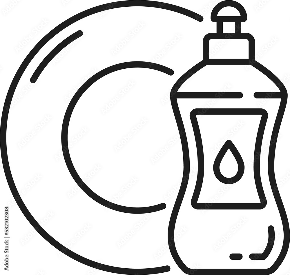 Obraz premium Liquid dishwasher bottle, clean plate outline icon