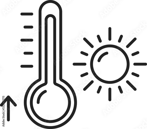 Hot weather thermometer, sun isolated outline icon