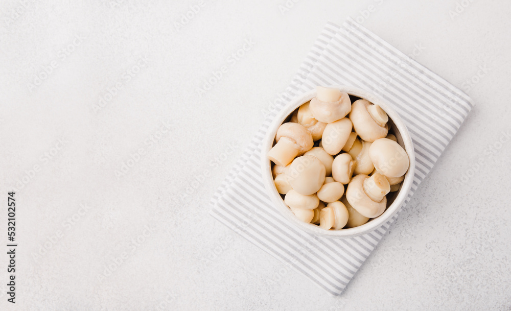 Marinated champignons in a bowl. Ready to eating. Marinated champignons in a bowl. Ready to eating.