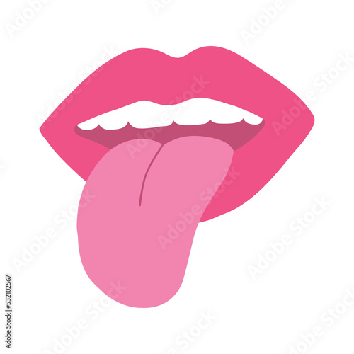 Pop girly sticker, lips with tongue. Vector illustration of womans mouth in pink color
