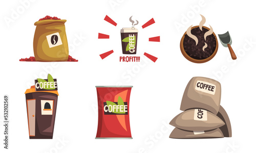 Coffee industry production set. Harvesting, roasting and selling coffee drinks cartoon vector illustration