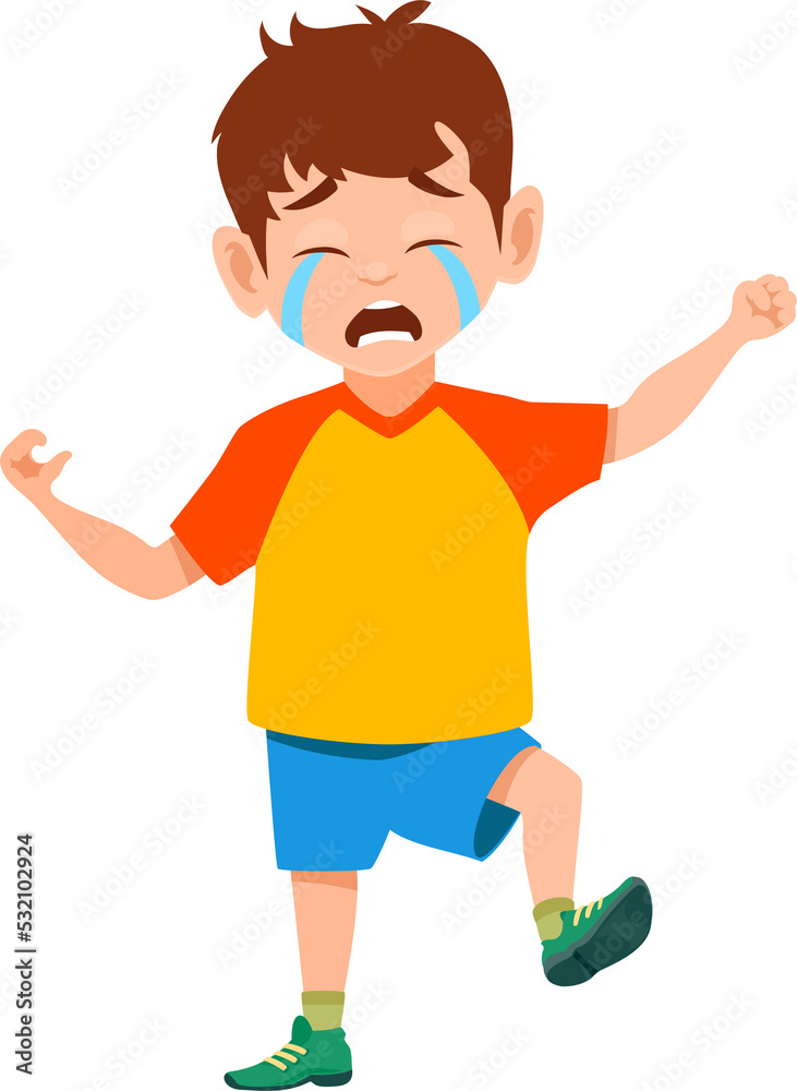 Upset kindergarten boy, crying sad cartoon child