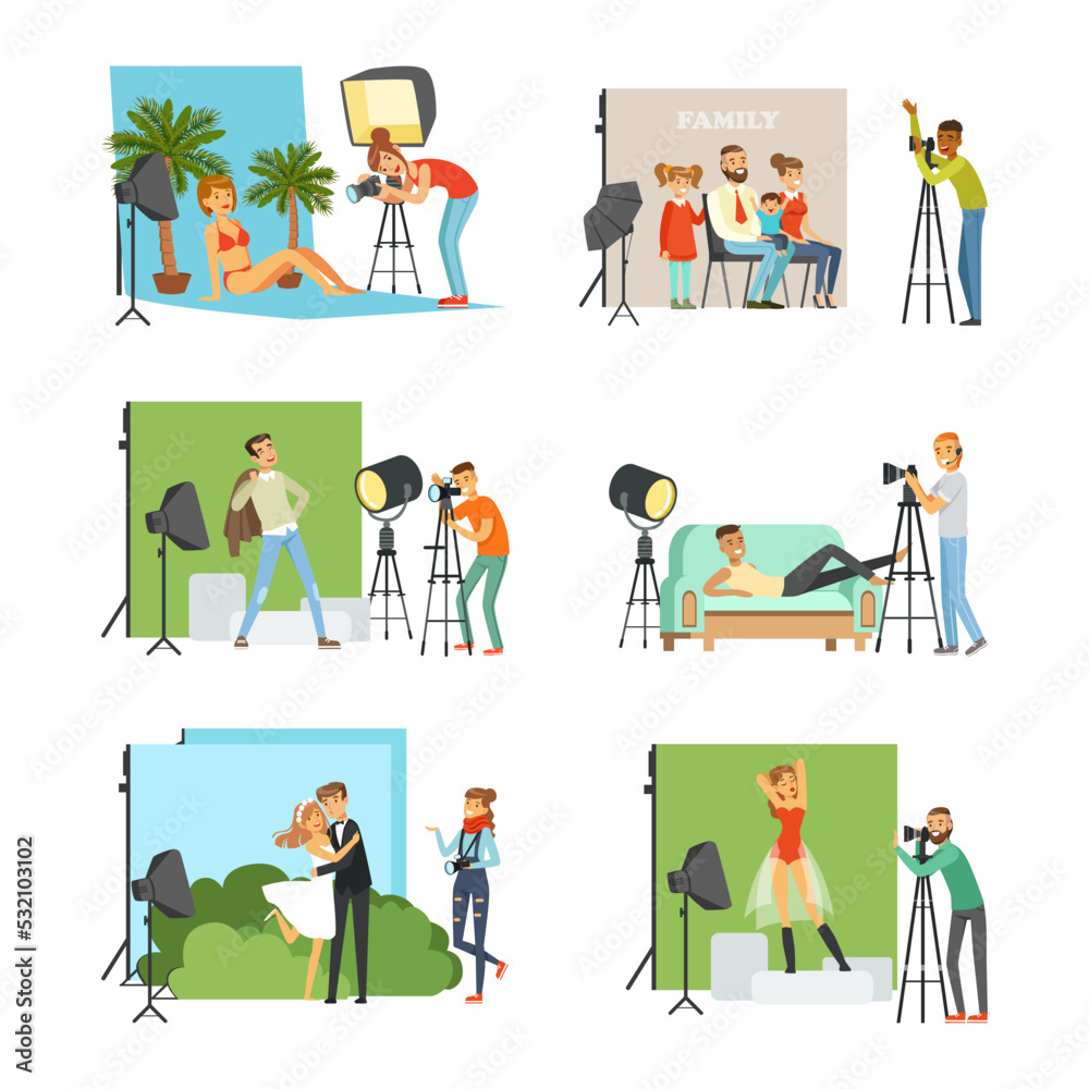 Male and female photographers working at photographic studio photographing people during photo session set flat vector illustration