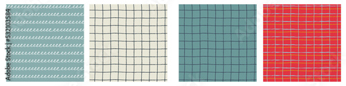 Seamless geometric patterns set with hand drawn uneven ring, checkered, striped, lines for surface design, craft, apparel and other design projects