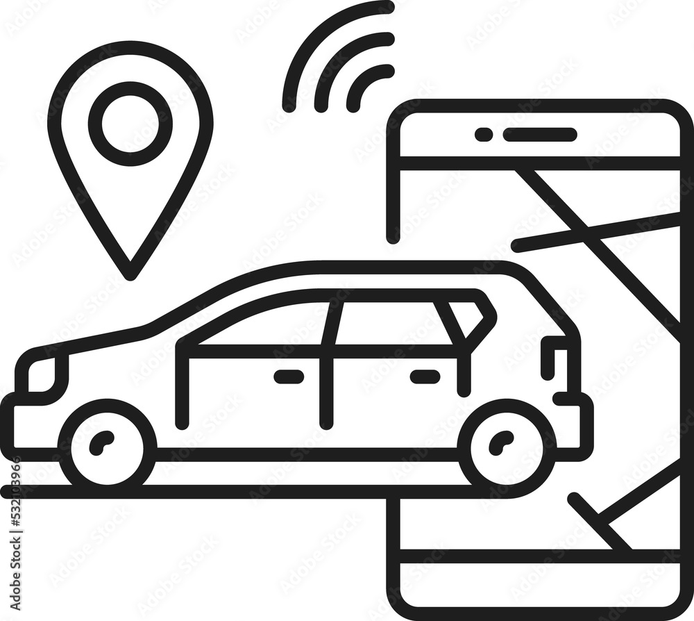 Car with location mark, search by smartphone icon Car with location mark, search by smartphone icon