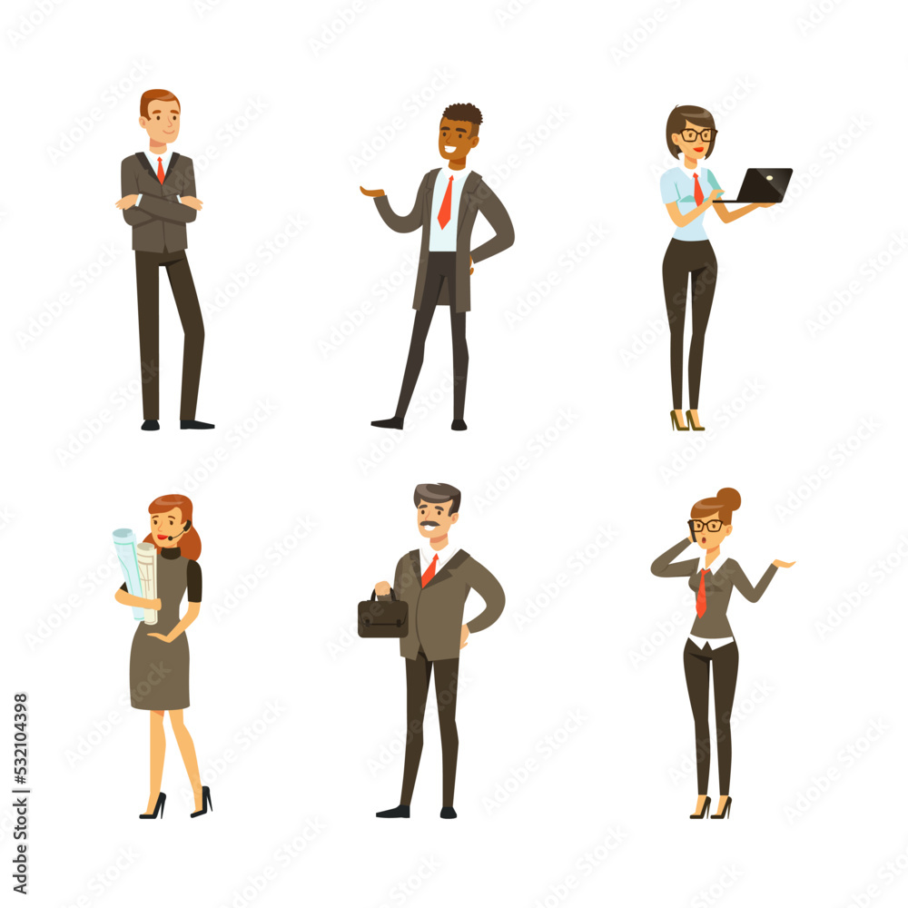 Business people wearing formal clothes in different activities. Set of business characters working in office vector illustration Business people wearing formal clothes in different activities. Set of business characters working in office vector illustration