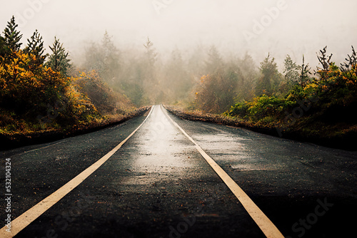 Asphalt road in foggy nature landscape in autumn