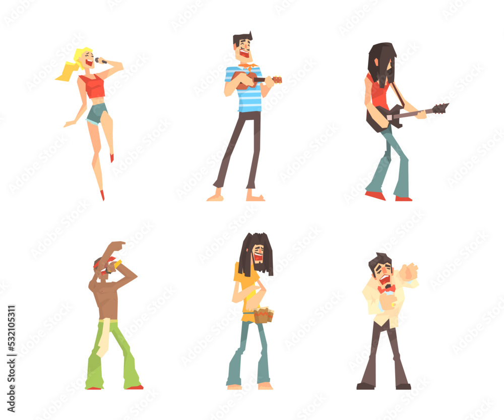 People playing musical instruments and singing set. Singers performing with microphones, musicians playing ukulele and elerctric guitar cartoon vector