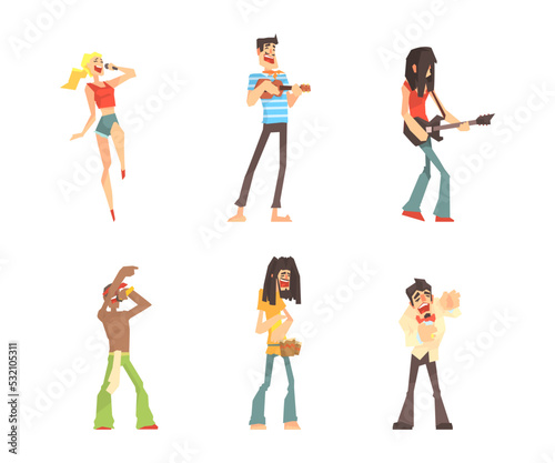 People playing musical instruments and singing set. Singers performing with microphones, musicians playing ukulele and elerctric guitar cartoon vector