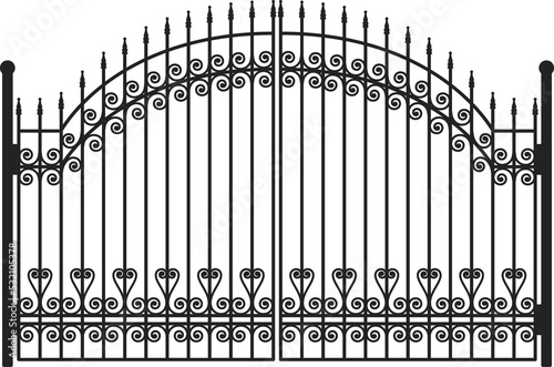 Iron gate, fence entrance with wrought metal door