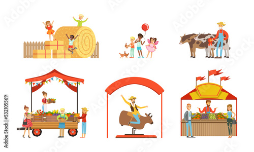 Outdoor farmer market with fair booths set. Farmers selling fresh organic farm products vector illustration