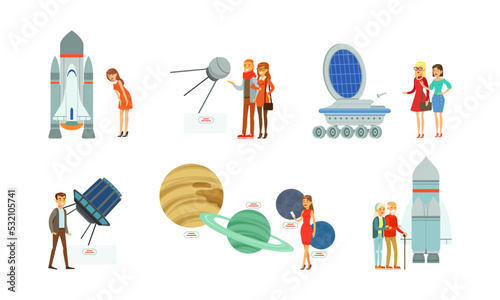 People visiting space science museum exhibition and watching space rocket, satellite, planets of solar system vector illustration