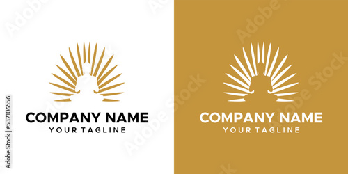 a buddha and palm themed graphic image, on a gold and white background. vector graphics base.