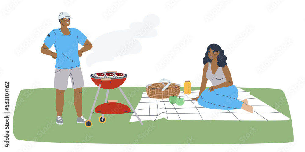 Man and woman on a picnic with a grill. Date in nature. Traditional family resting in nature. Flat vector illustration. Eps10 Man and woman on a picnic with a grill. Date in nature. Traditional family resting in nature. Flat vector illustration. Eps10