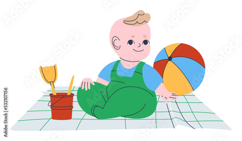 Baby sits on a blanket with toys. Happy baby smiles. Flat vector illustration. Eps10