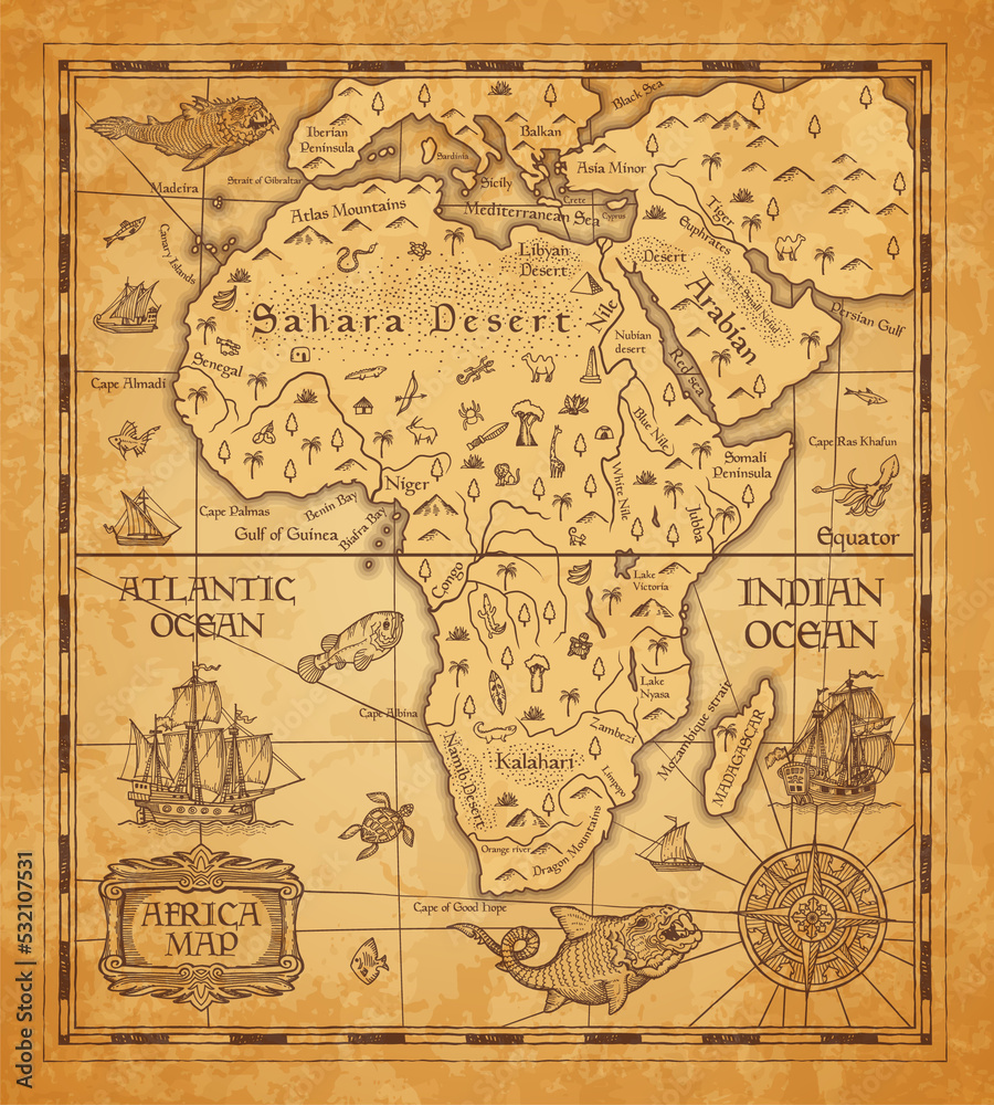 Antique map of Africa on old parchment