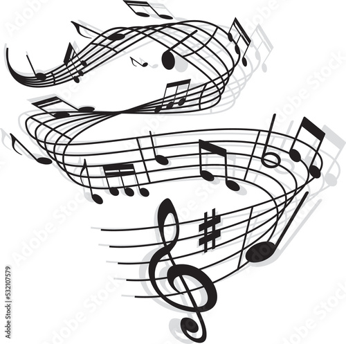 Canvas Print Musical wave of music notes and clef on stave