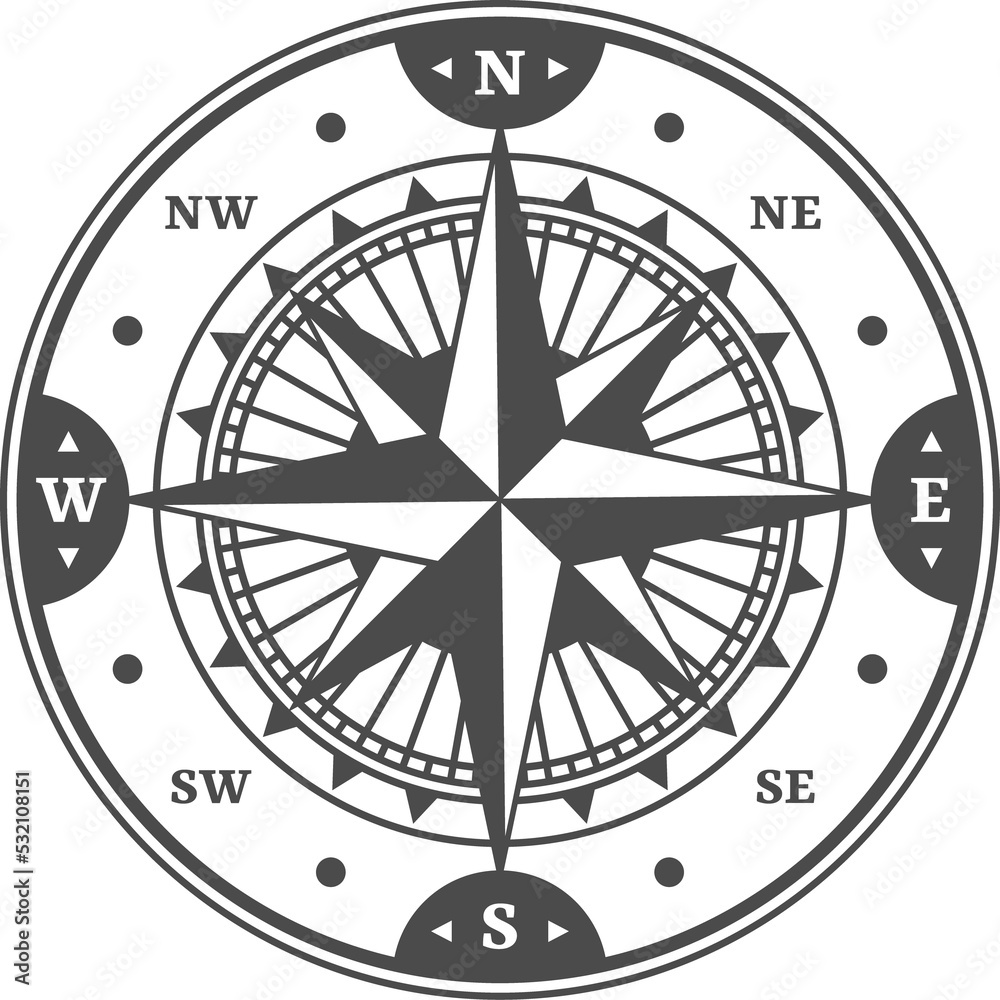 Ancient compass with windrose star vector symbol Ancient compass with windrose star vector symbol