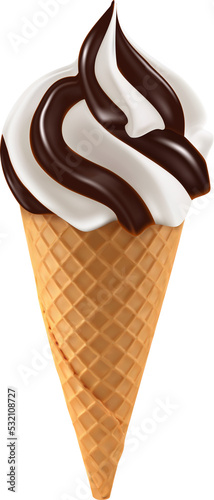 Realistic chocolate ice cream in waffle cone photo