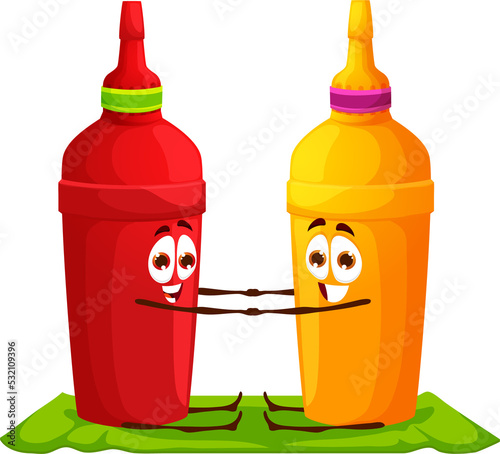 Cartoon ketchup, mustard character on yoga fitness