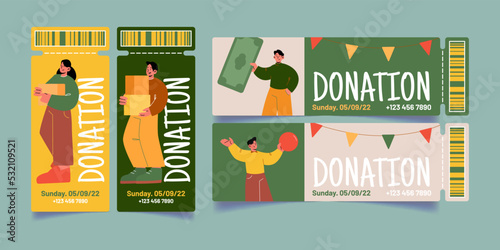 Tickets to donation event, volunteers charity promotion. People donate money, food and stuff to support projects of saving human lives, care and asistance, Line art flat vector promo coupon templates