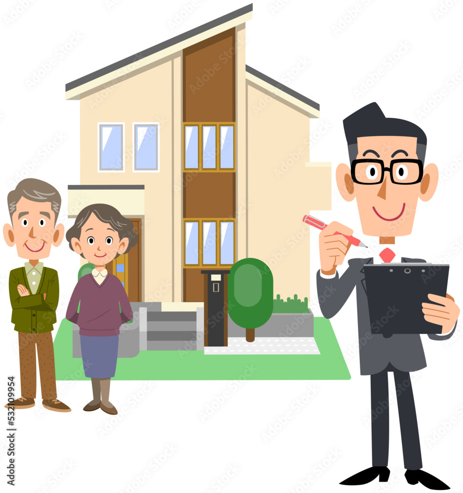 シニア夫婦と書類に記入するスーツ姿の男性と住宅
シニア夫婦と書類に記入するスーツ姿の男性と住宅