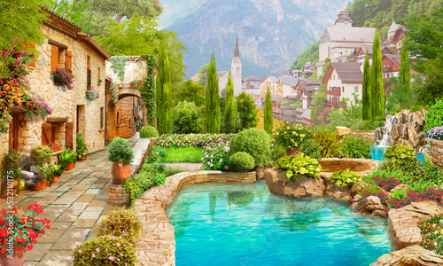 Foto An old Italian courtyard with a pond and a waterfall