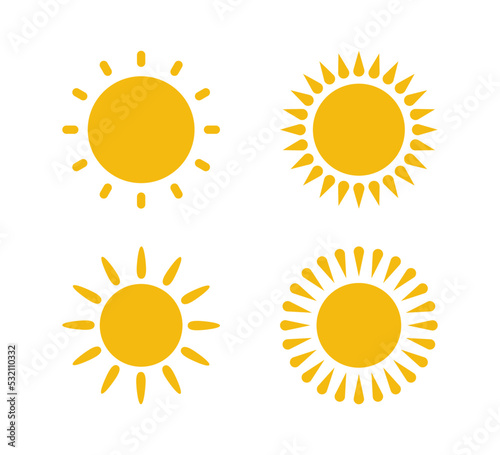 Yellow flat sun with rays icons in various design. Sun silhouette icons. Graphic weather signs. Symbol of heat, warm and climate. Vector illustrations set isolated on white background.