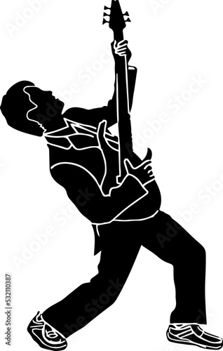 Man holding guitar in stylish pose vector illustration silhouette, Sketch drawing of guitarist, boy holding guitar clip art