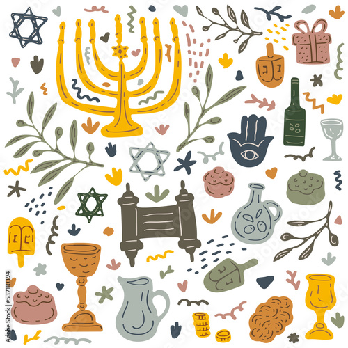 Hanukkah festive background. Traditional religious holiday symbols hand drawn illustration.