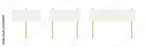 Picket banner frame. Blank demonstration banner mock up. Empty protest placard with wooden poles. Realistic politic strike board mockup. Vector illustration isolated on white background.