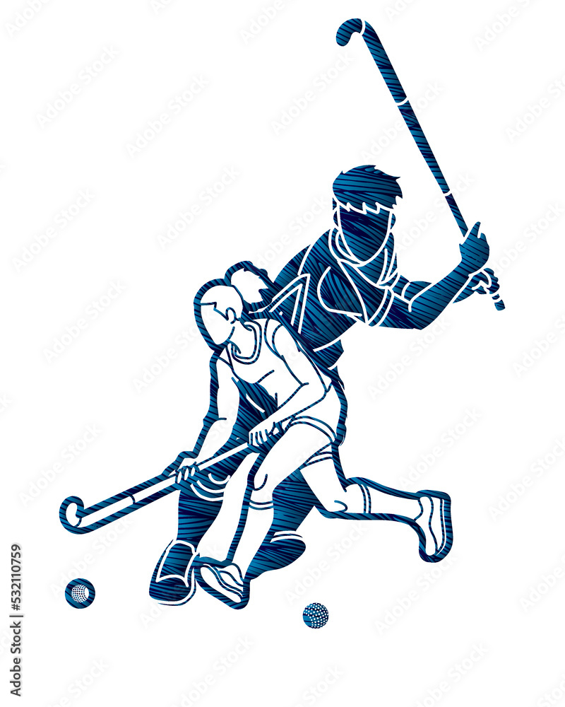 Obraz premium Group of Field Hockey Sport Male and Female Players Action Together Cartoon Graphic Vector